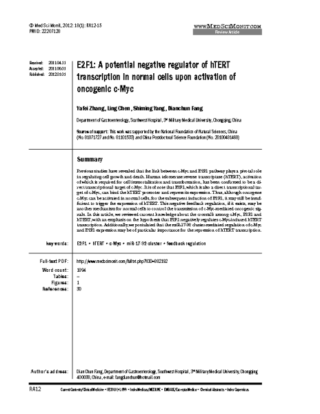E2F1 negative regulator of hTERT_Zhang et al_MedSciMonit 2012