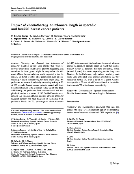 Impact of chemotherapy on TL in sporadic and familial breast cancer. JBenitez.2015