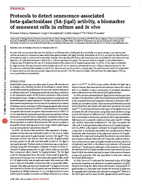 Protocols to detect senescence-associated beta-galactosidase_Debacq-Chainiaux et al_Nature2009