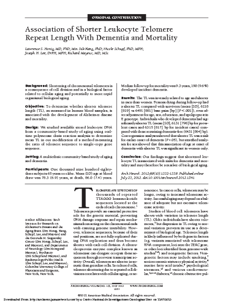 Shorter_Leukocyte_Telomere_Dementia_Mortality.Lawrence_Honig.JAMA_2012