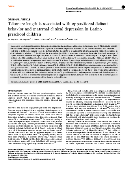 TL is associated with oppositional behaviour and maternal depression in Latino preschool children. Blackburn 2015