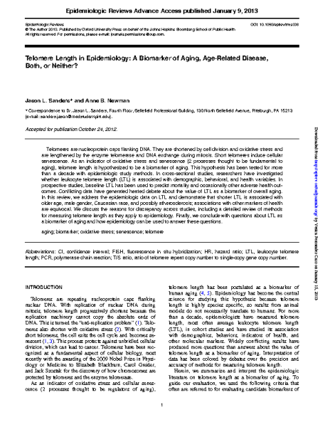 TL_Abiomarker_of_Aging_AgeRelated_Diseases_SandersJL_EpidemiologicR_2013