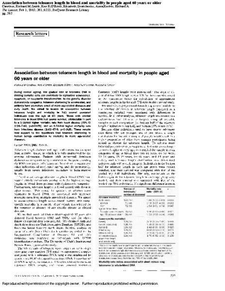 Telomere_length_in_blood_and_mortality_in_people_aged_60_years_or_older.Cawthon_RM.Lancet.2003