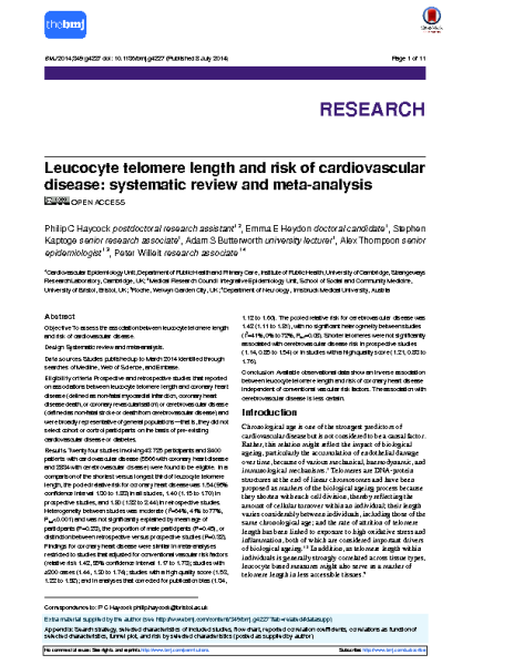 Telomeres and Cardiovascular Disease. P C Haycock. BMJ. 2014