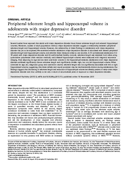 Telomeres and hippocampus in teenage depression. E.HenjeBlom.2015