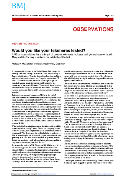 Test telomere. BMJ. 2012